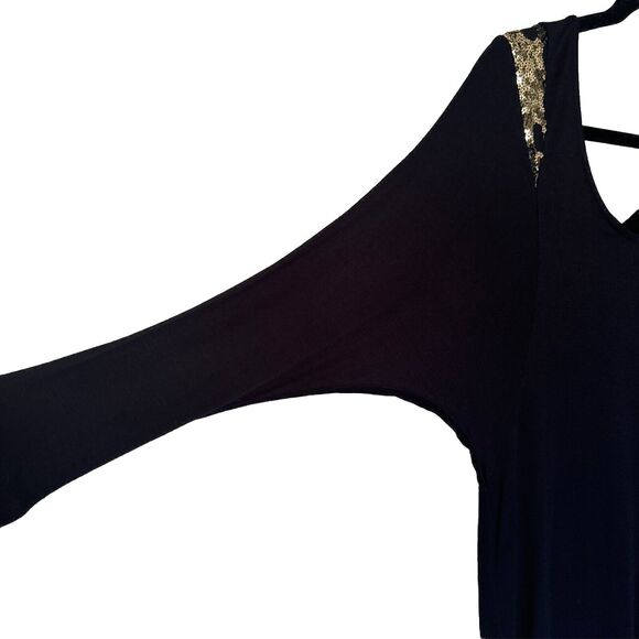 Fitted Black Gold Party Mini Dress Scoop Neck 3/4 Sleeve Sequin Stretch Size S - Picture 3 of 12